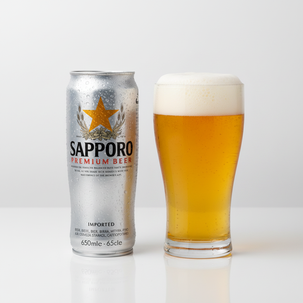 Sapporo Silver Can 650 ml neben einem eingeschenkten Glas japanischem Lagerbier
