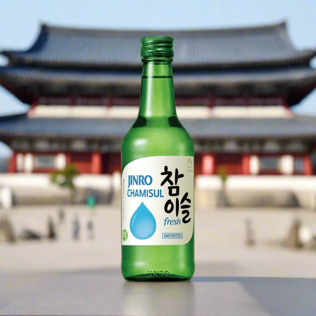 Chamisul Jinro Soju Fresh 350ml Glas Flasche ai generiert korea Tempel