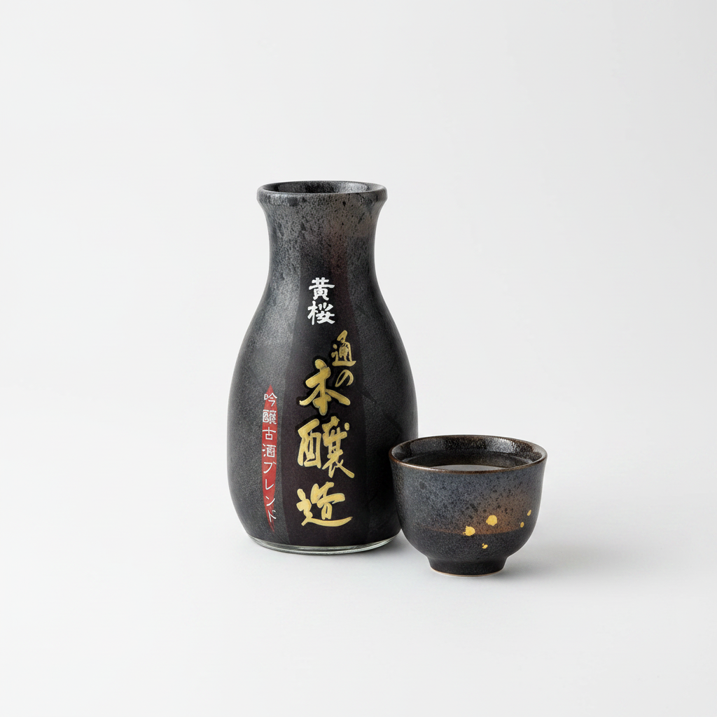 Kizakura Honjozo Sakeflasche 180 ml neben einer gefüllten Sake-Schale