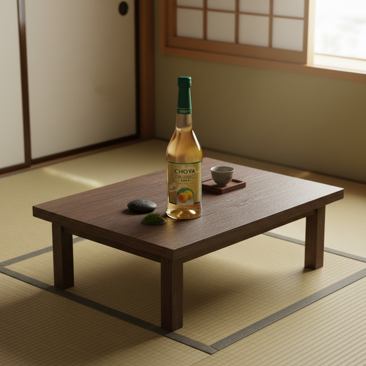 Choya Pflaumenwein Flasche auf dem Tisch
