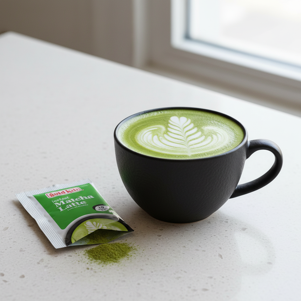 Zubereiteter Matcha Latte in einer Tasse neben einem Gold Kili Sachet