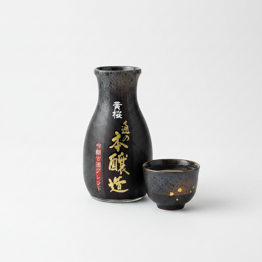 Kizakura Honjozo Sakeflasche 180 ml neben einer gefüllten Sake-Schale