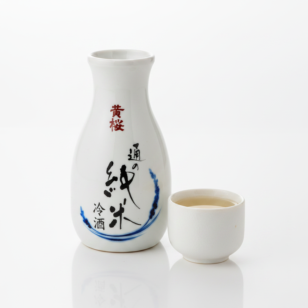 Kizakura Junmai Sakeflasche 180 ml neben einer gefüllten Sake-Schale