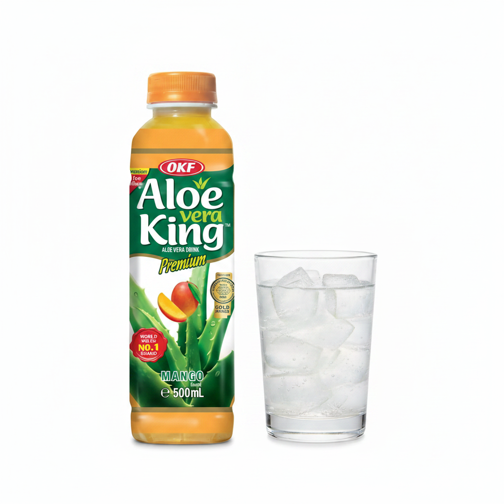 OKF Aloe Vera King Mango Flasche 500 ml mit Glas voll Aloe-Stückchen