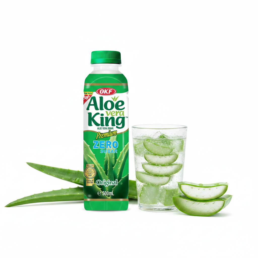 OKF Aloe Vera King Original Sugarfree ZERO Flasche 500 ml mit Glas voll Aloe-Stückchen