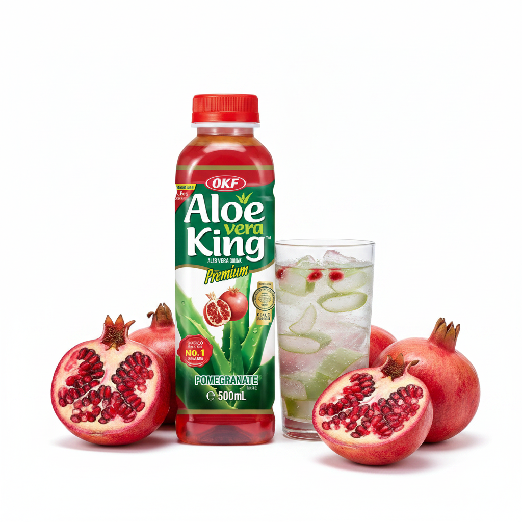 OKF Aloe Vera King Pomegranate Flasche 500 ml mit Glas voll Aloe-Stückchen