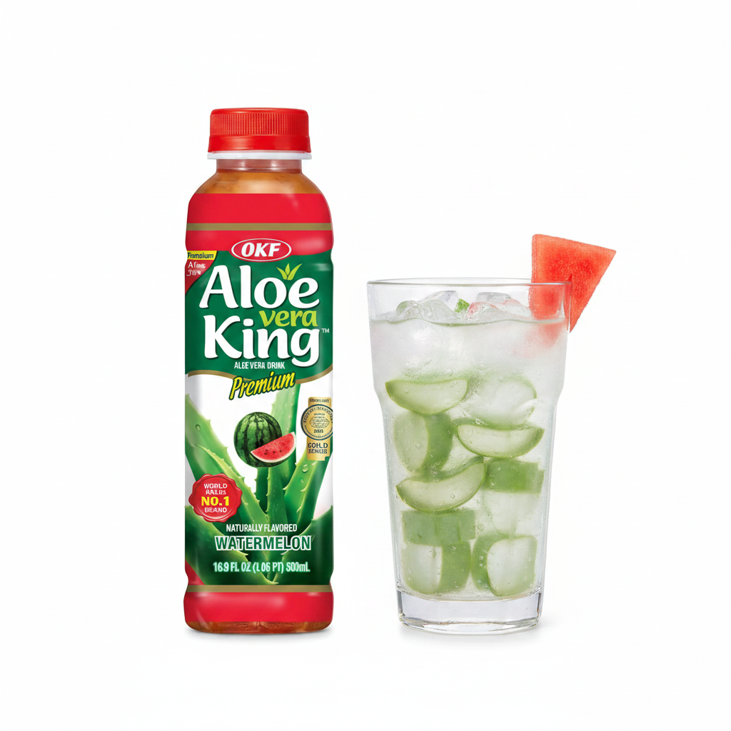 OKF Aloe Vera King Watermelon Flasche 500 ml mit Glas voll Aloe-Stückchen