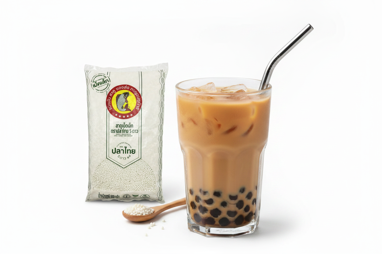 Gekochte Tapiokaperlen in einem Glas Bubble Tea mit breitem Strohhalm